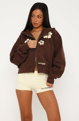Come Catch Me Boxy Zip Front Hoodie Chocolate