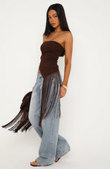Dinner Night Strapless Fringe Top Chocolate