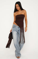 Dinner Night Strapless Fringe Top Chocolate