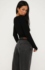 Sparks Fly Cinched Waist Off Shoulder Long Sleeve Top Black