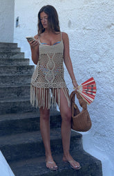 Tropic Cool Heat Crochet Mini Dress Gold Rush