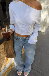 Falling For Him Cinched Waist Off Shoulder Long Sleeve Top White