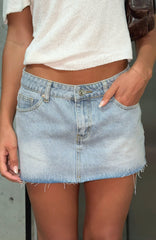 Broken Trust Mid Rise Denim Mini Skirt Light Blue Wash