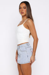 About A Girl Mid Rise Denim Mini Skirt Mid Blue Wash