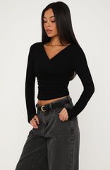 Sparks Fly Cinched Waist Off Shoulder Long Sleeve Top Black