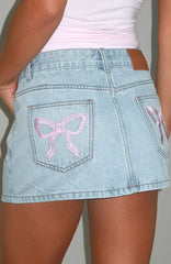 About A Girl Mid Rise Denim Mini Skirt Mid Blue Wash