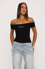 Too Good To Care Off Shoulder Baby Tee Black