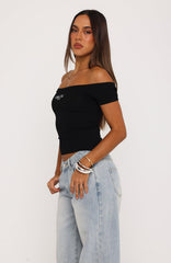 Too Good To Care Off Shoulder Baby Tee Black