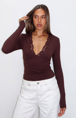 Knew That All Along Lace Trim Long Sleeve Top Chocolate