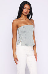 Not Listening Strapless Denim Top Light Blue Wash