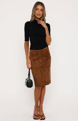 Ready For Business Faux Suede Midi Skirt Chestnut