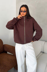 Such A Dream Oversized Zip Front Funnel Neck Jacket Chocolate