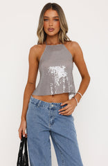 Under The Disco Ball Sequin Halter Top Silver