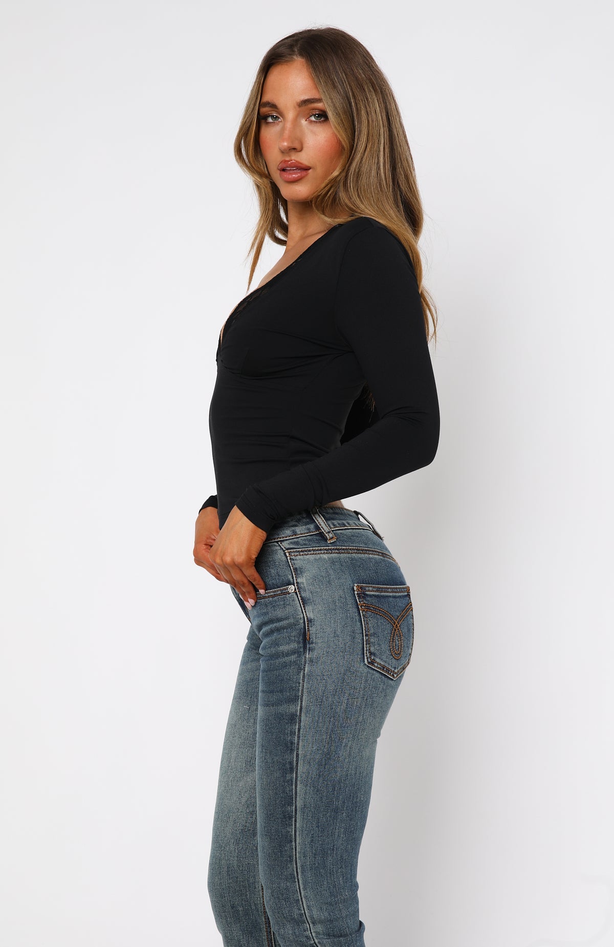 Knew That All Along Lace Trim Long Sleeve Top Black