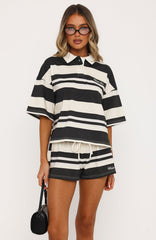 Catch My Love Oversized Short Sleeve Rugby Shirt Charcoal Stripe