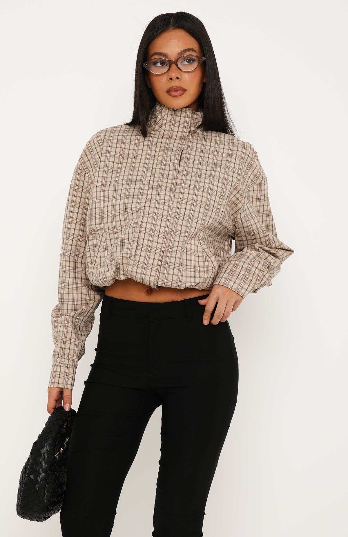 Stay For Life Funnel Neck Jacket Beige Plaid