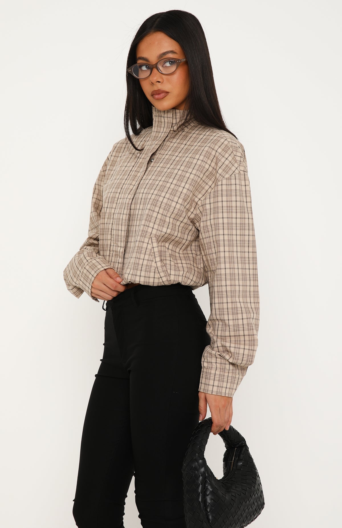Stay For Life Funnel Neck Jacket Beige Plaid