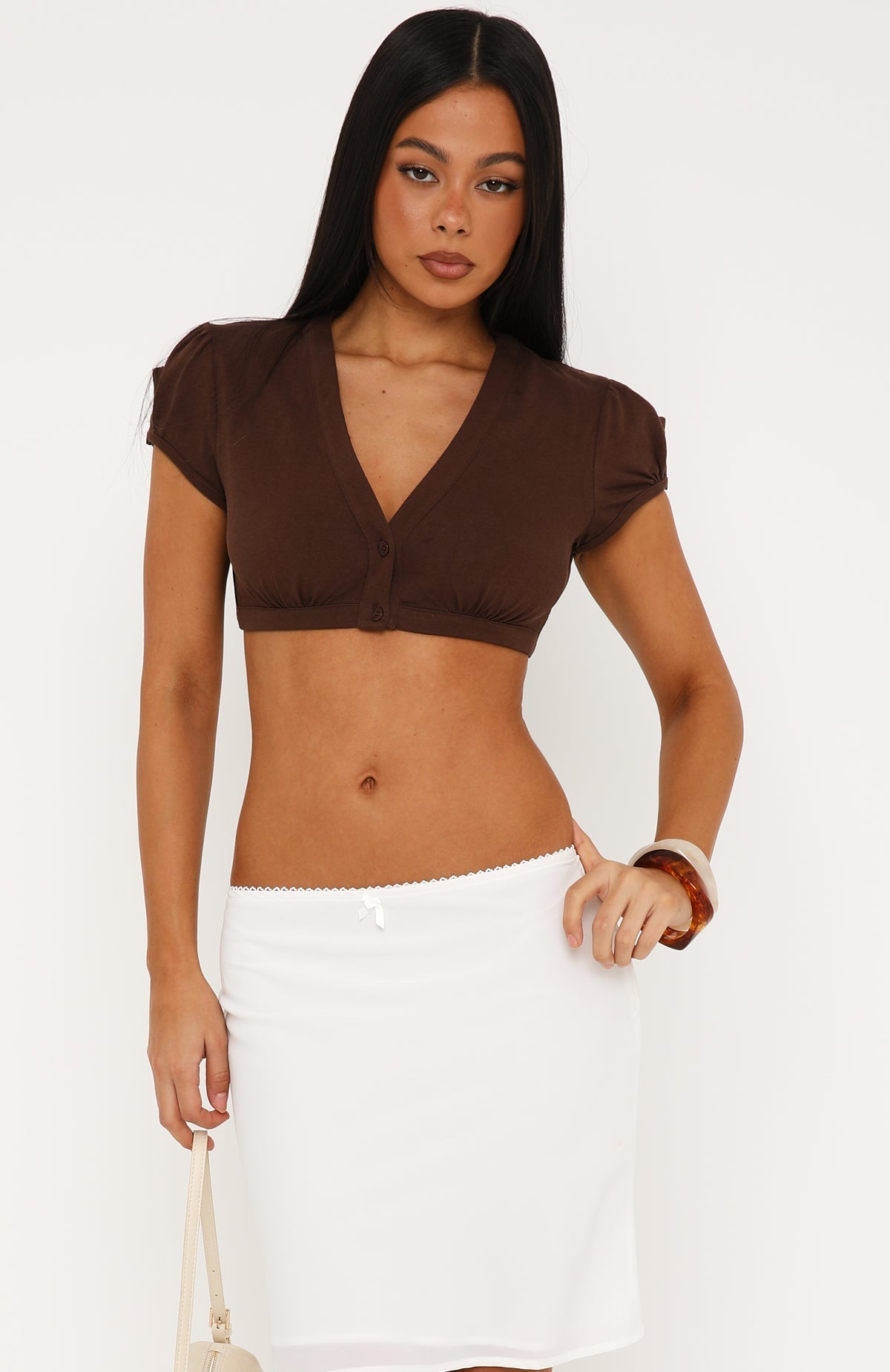 On Her Mind Short Sleeve Cropped Top Chocolate