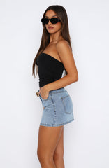 Know It All Low Rise Denim Mini Skirt Mid Blue Wash