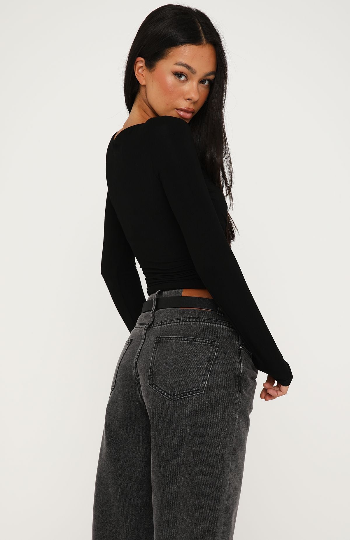 Sparks Fly Cinched Waist Off Shoulder Long Sleeve Top Black