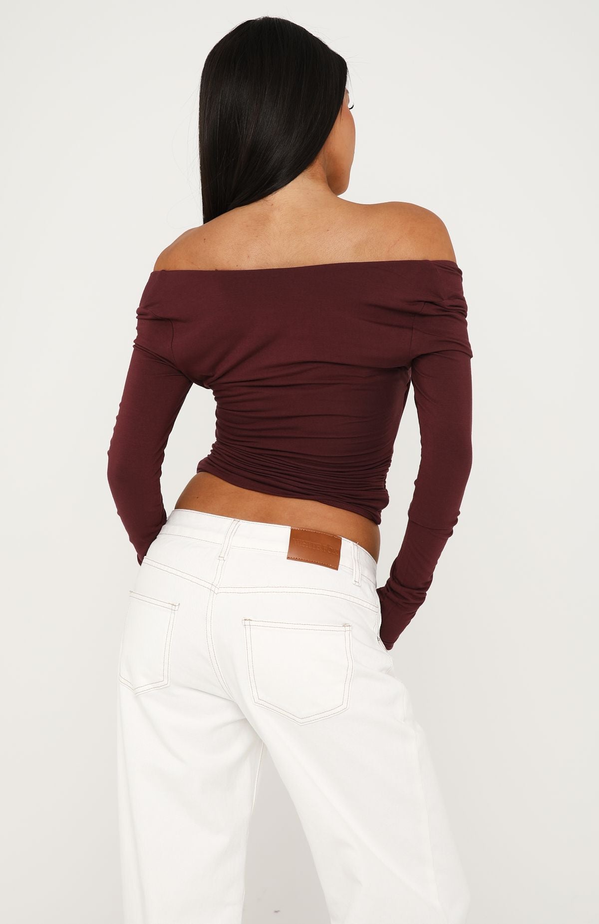 Sparks Fly Cinched Waist Off Shoulder Long Sleeve Top Cherry Chocolate