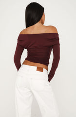Sparks Fly Cinched Waist Off Shoulder Long Sleeve Top Cherry Chocolate