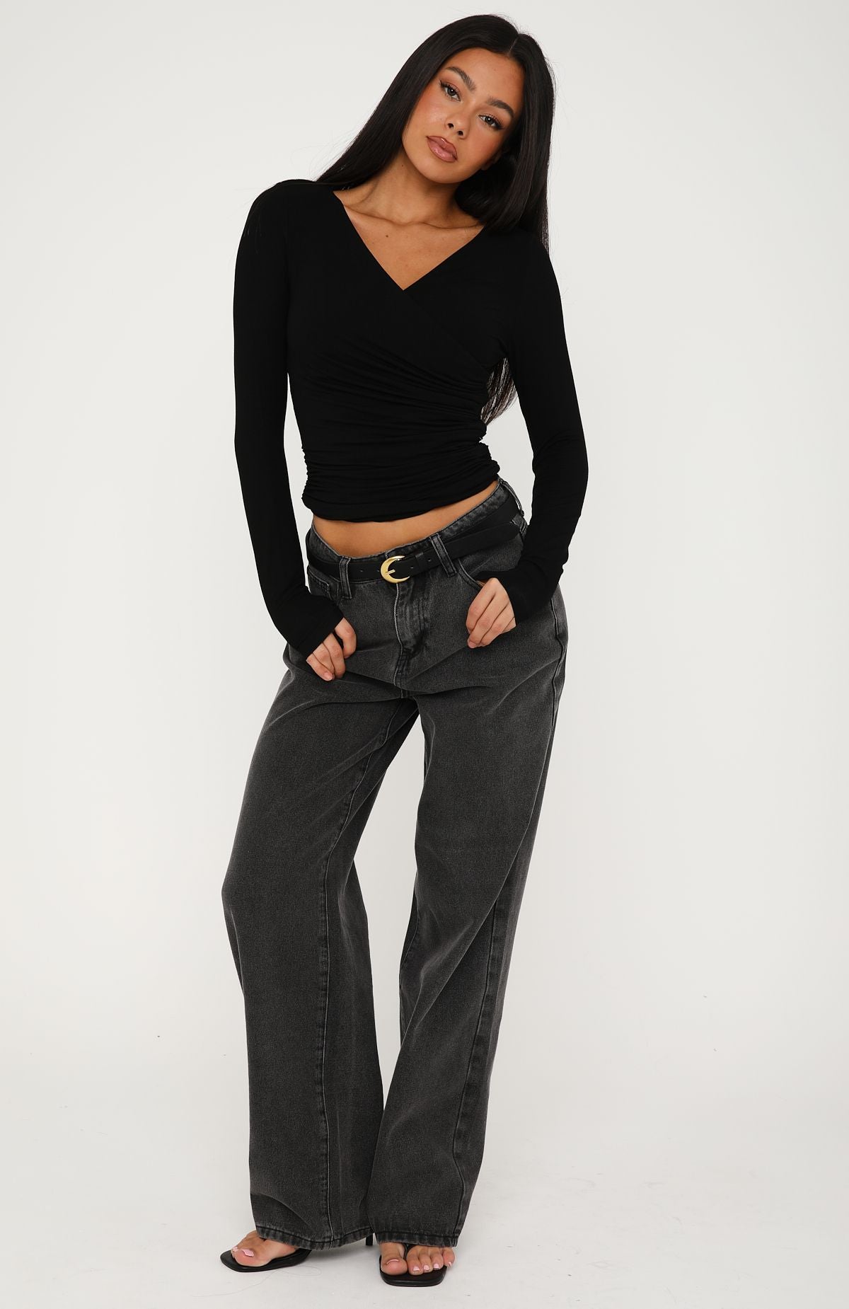 Sparks Fly Cinched Waist Off Shoulder Long Sleeve Top Black