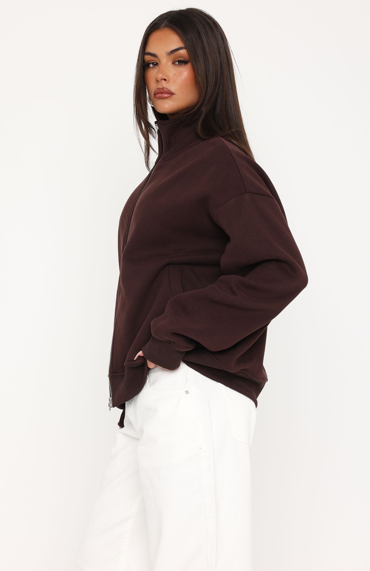 Such A Dream Oversized Zip Front Funnel Neck Jacket Chocolate