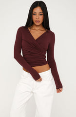 Sparks Fly Cinched Waist Off Shoulder Long Sleeve Top Cherry Chocolate