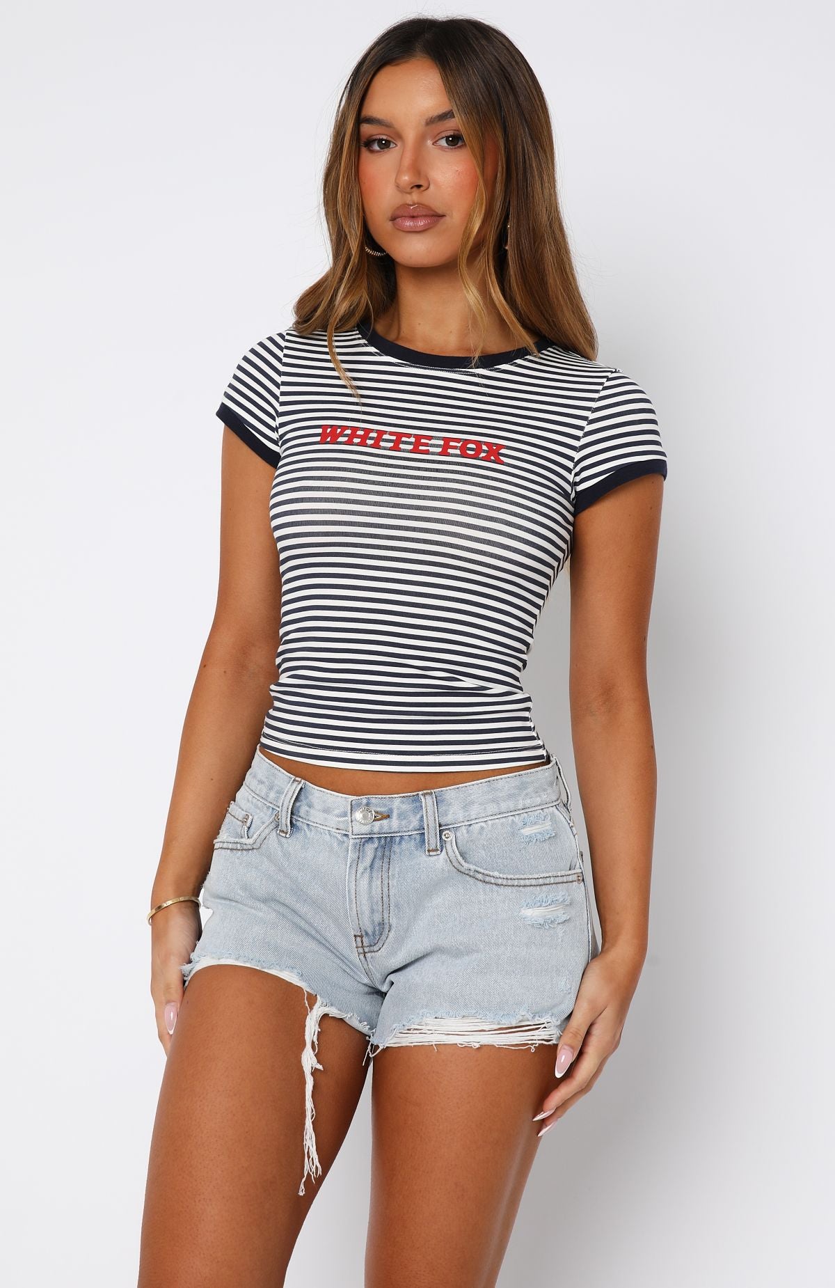 Public Attention Distressed Denim Shorts Glacier Blue Wash