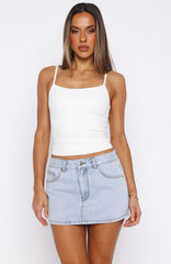 About A Girl Mid Rise Denim Mini Skirt Mid Blue Wash