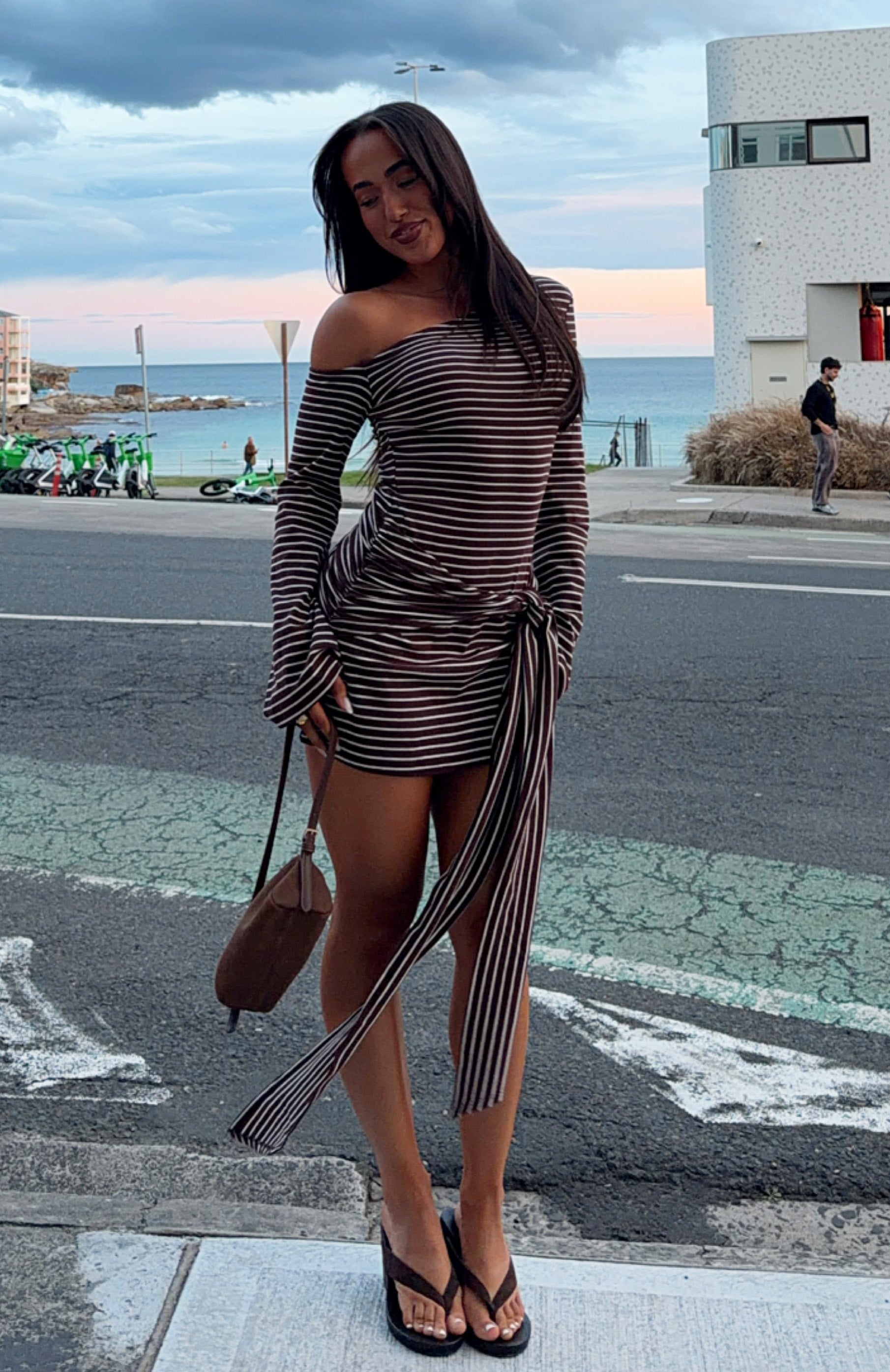 On Her Throne Off Shoulder Long Sleeve Mini Dress Chocolate/Marle Stripe
