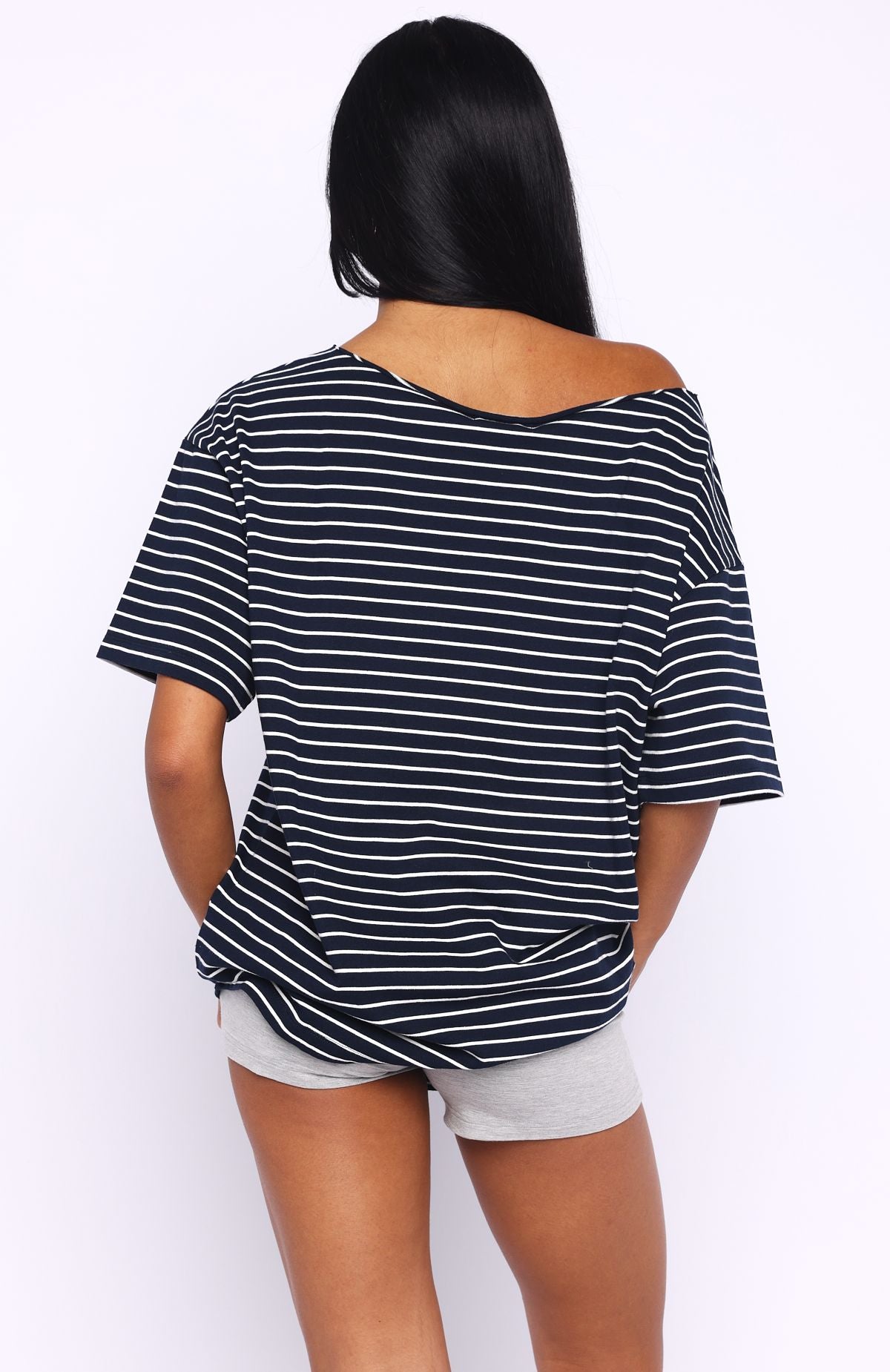 Give Me Options Off Shoulder Tee Navy/White Stripe