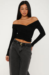 Sparks Fly Cinched Waist Off Shoulder Long Sleeve Top Black