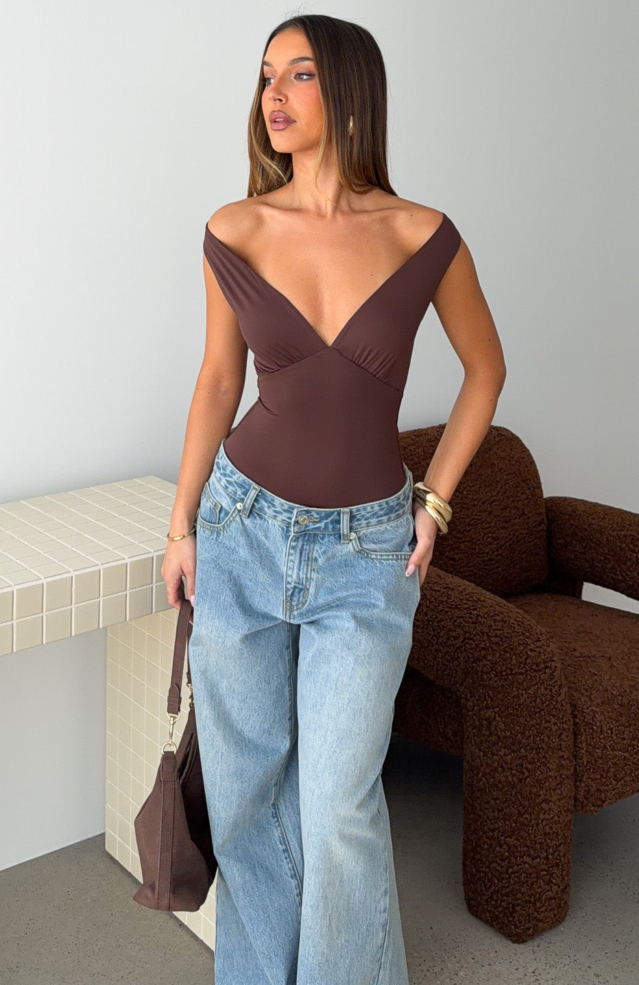 Into The Mix V Neck Bodysuit Chocolate