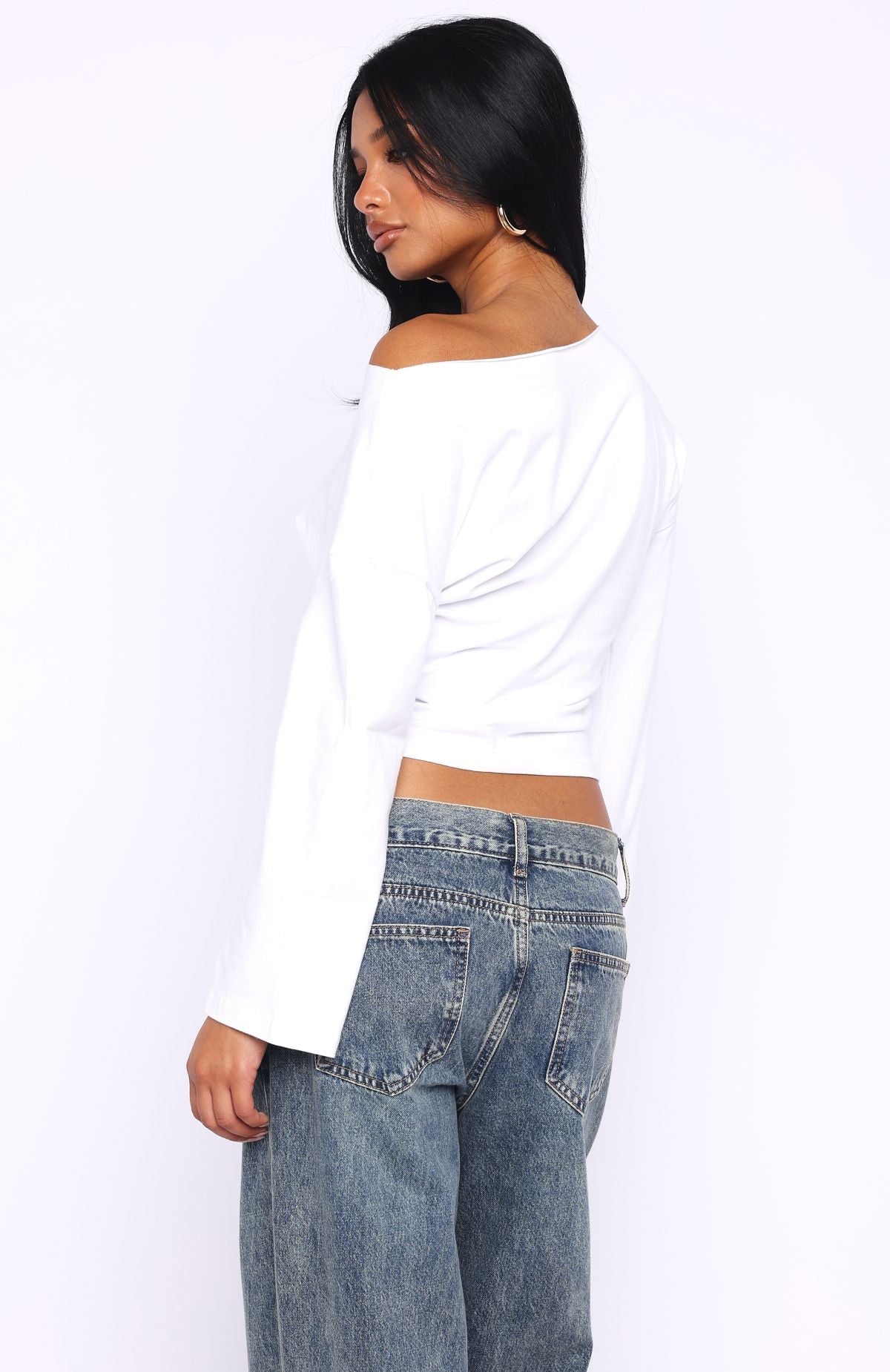 Falling For Him Cinched Waist Off Shoulder Long Sleeve Top White