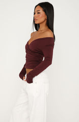 Sparks Fly Cinched Waist Off Shoulder Long Sleeve Top Cherry Chocolate