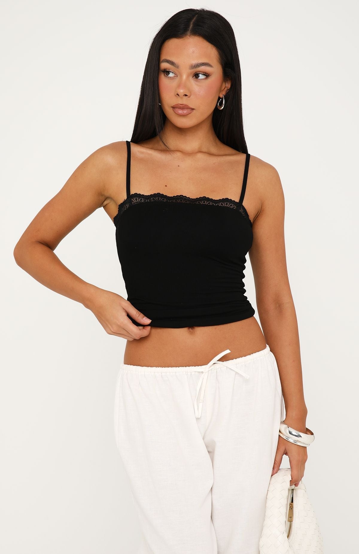 Easy Love Lace Trim Tank Top Black