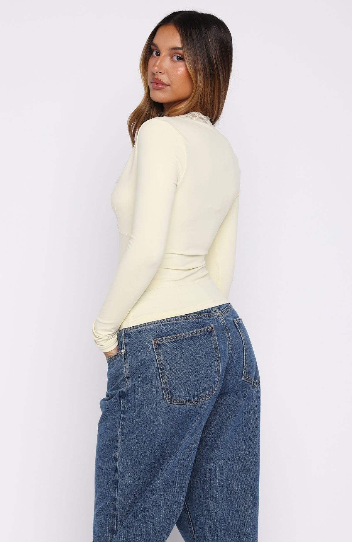 Knew That All Along Lace Trim Long Sleeve Top Lemon