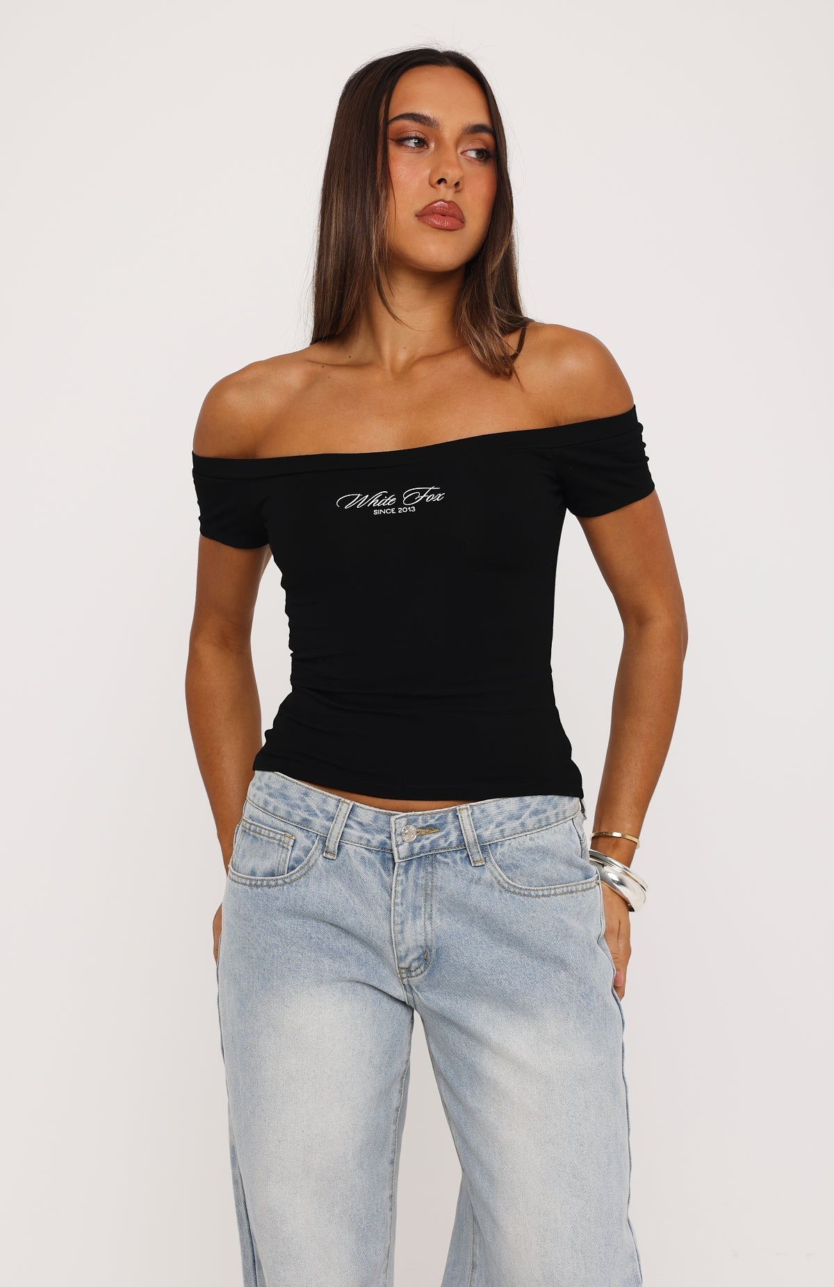 Too Good To Care Off Shoulder Baby Tee Black