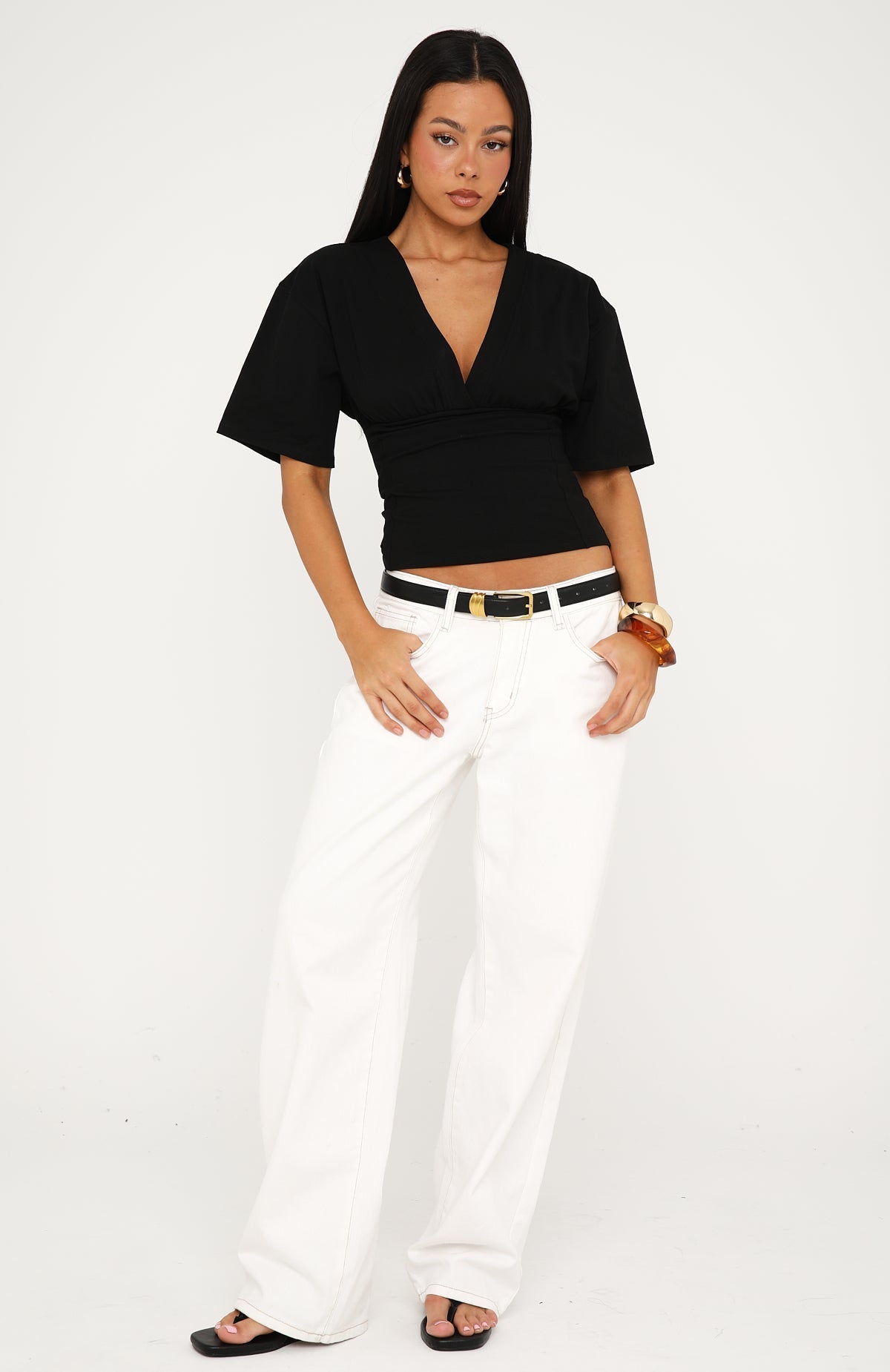 All On The Line V Neck Short Sleeve Top Black