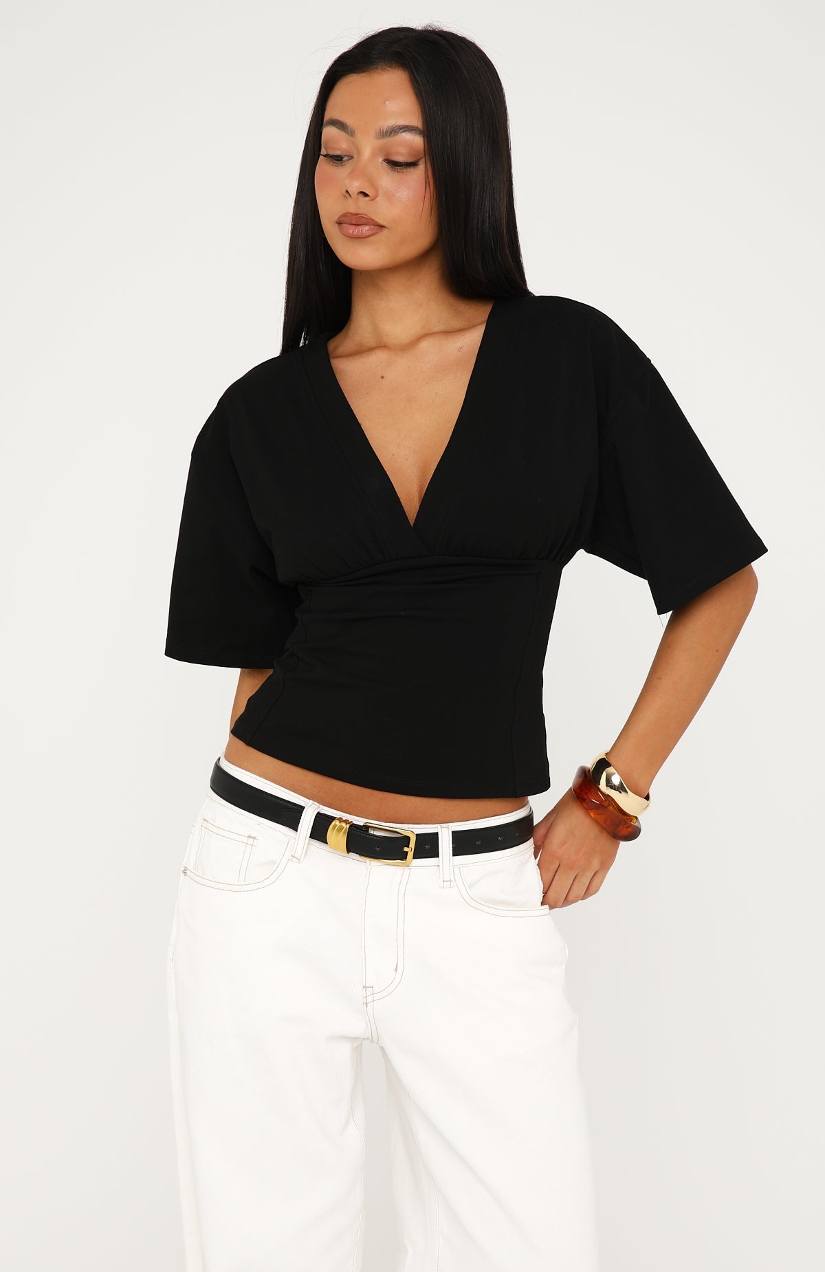 All On The Line V Neck Short Sleeve Top Black