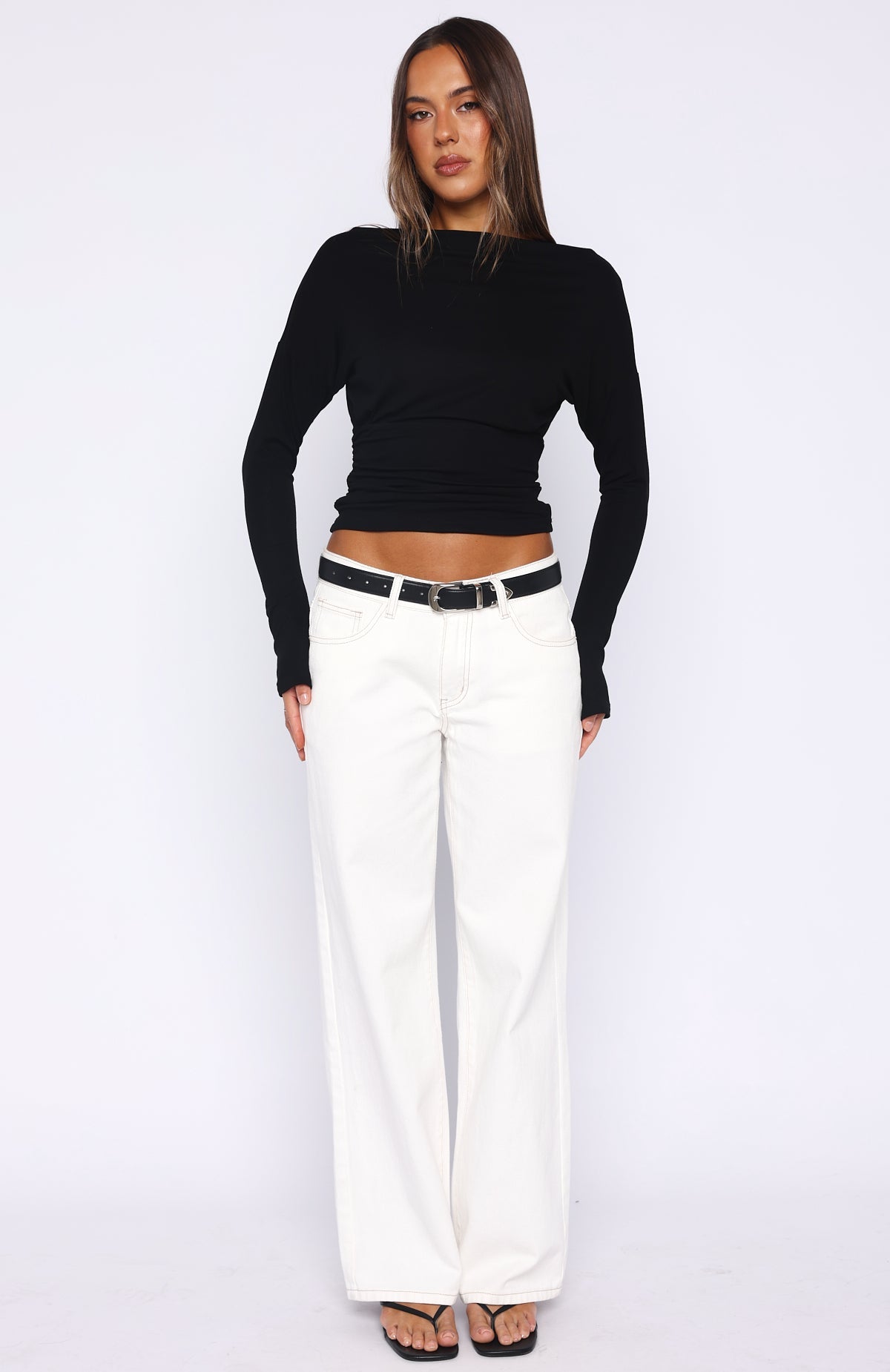 Another Time Cinched Waist Long Sleeve Top Black
