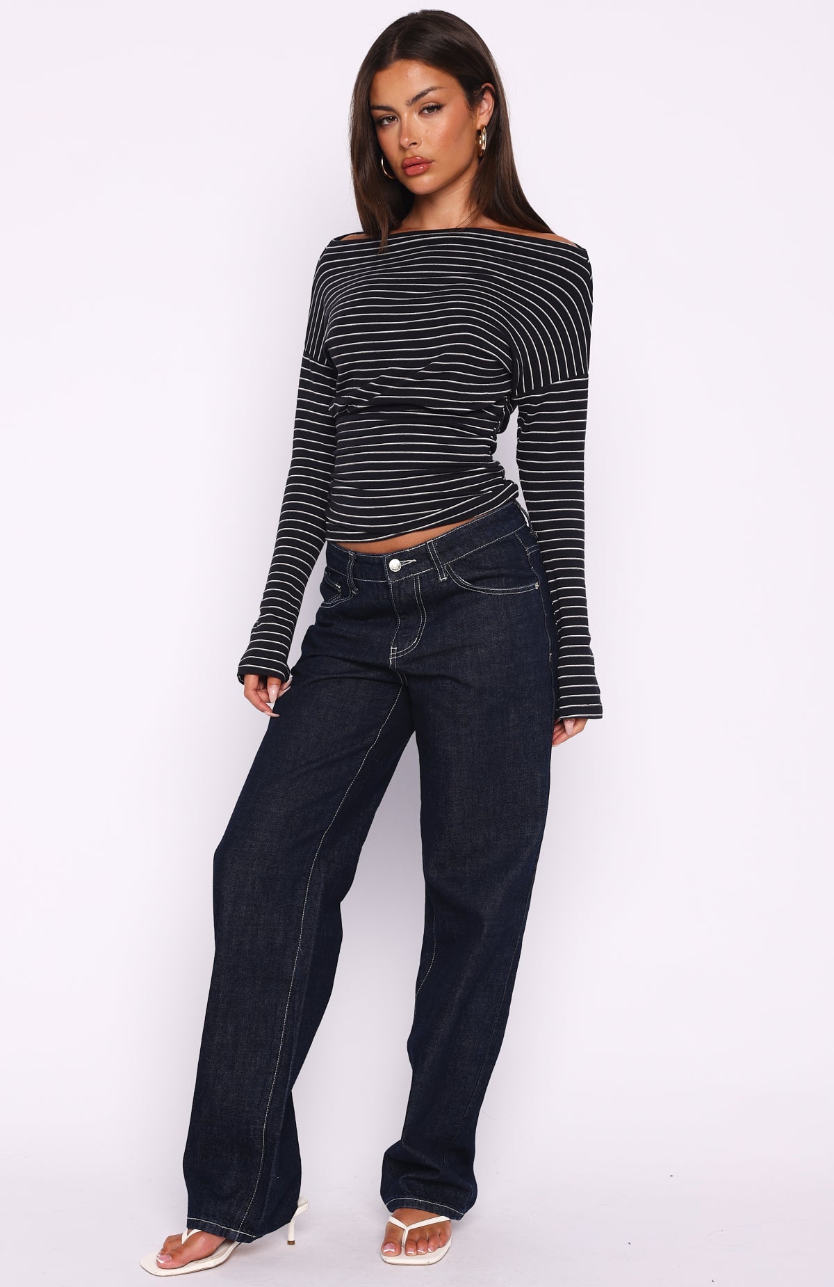 Another Time Cinched Waist Long Sleeve Top Black Stripe