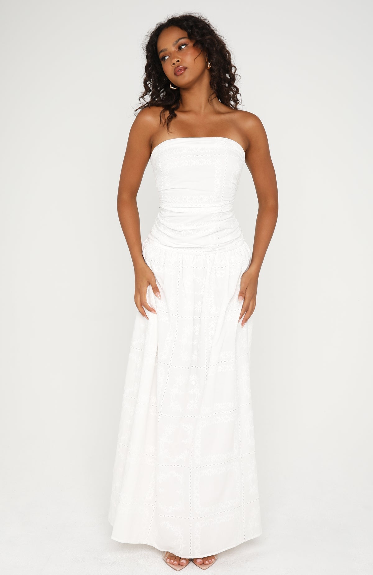 Bittersweet Babe Strapless Broderie Maxi Dress White