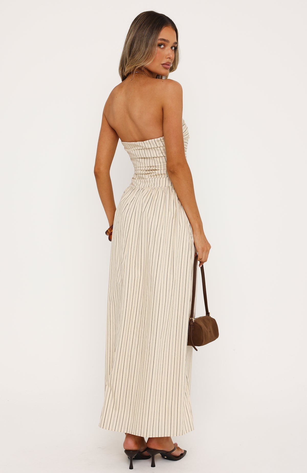 Blush Of Fate Strapless Maxi Dress Cream/Chocolate Stripe