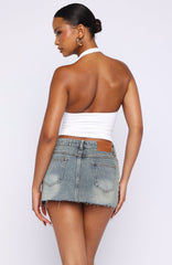 Broken Trust Mid Rise Denim Mini Skirt Brown Blue Wash
