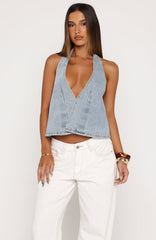 Can We Pretend Denim Halter Top Mid Blue Wash