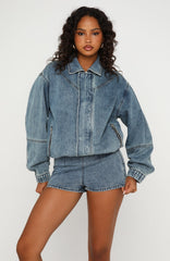 Cooler Than You Denim Bomber Jacket Brown Blue Acid Wash
