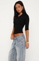 Easy To Admire V Neck 3/4 Sleeve Top Black